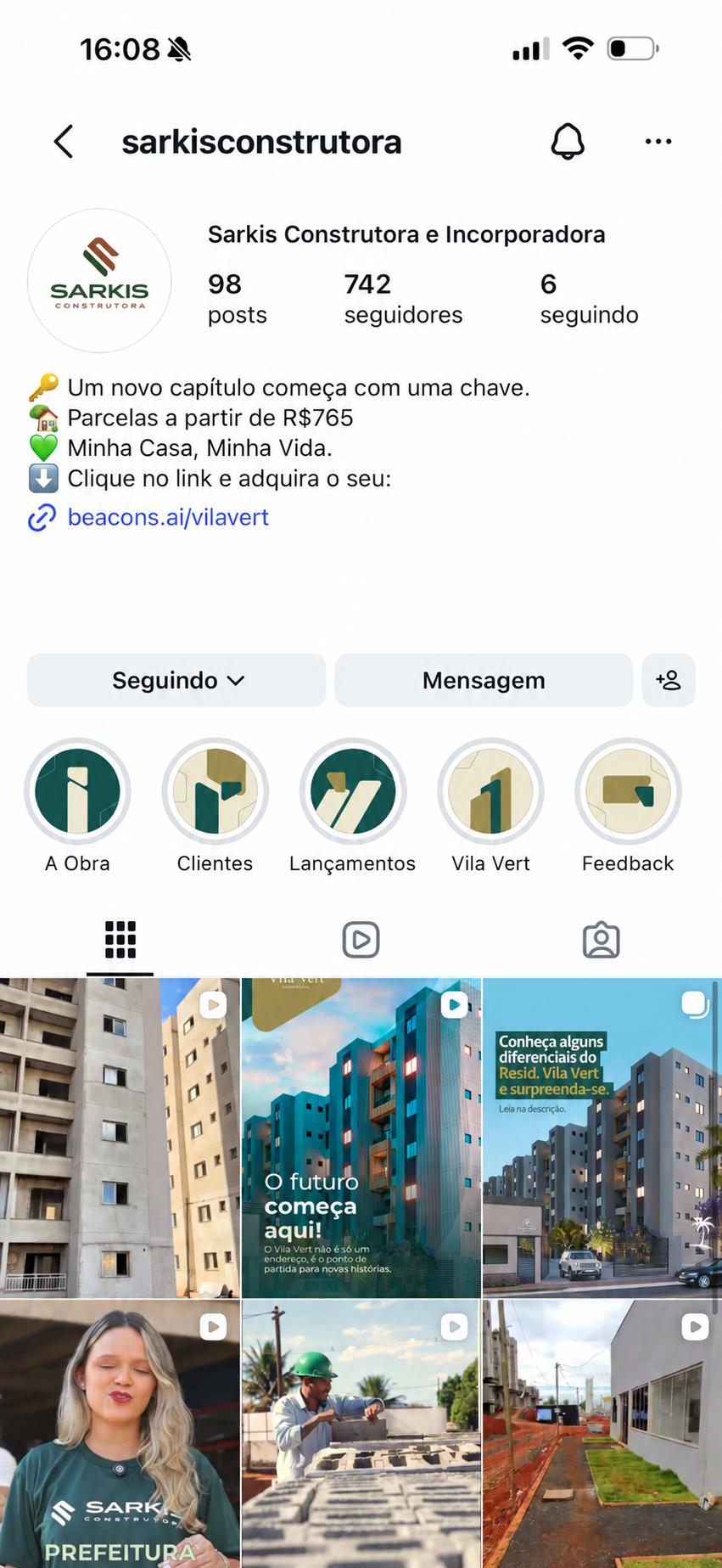 Perfil @sarkisconstrutora com publicações do Vila Vert, sem seguidores em comum